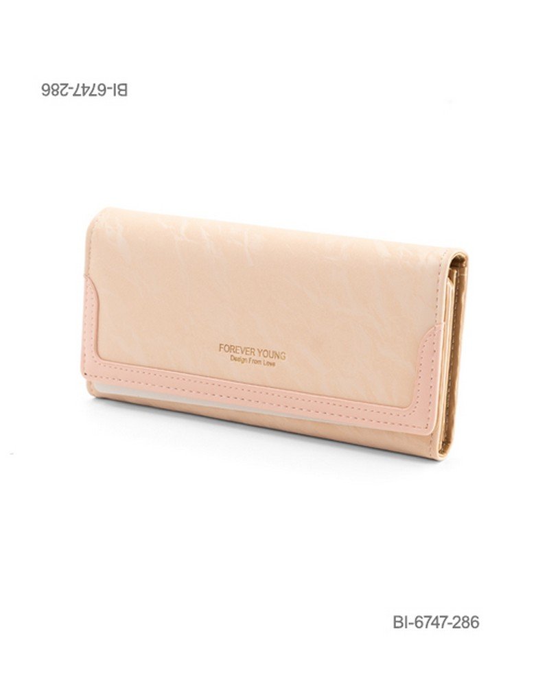 Billetera larga de cuerina con solapa y detalles en tonos rosados (color beige y rosa) BI6747