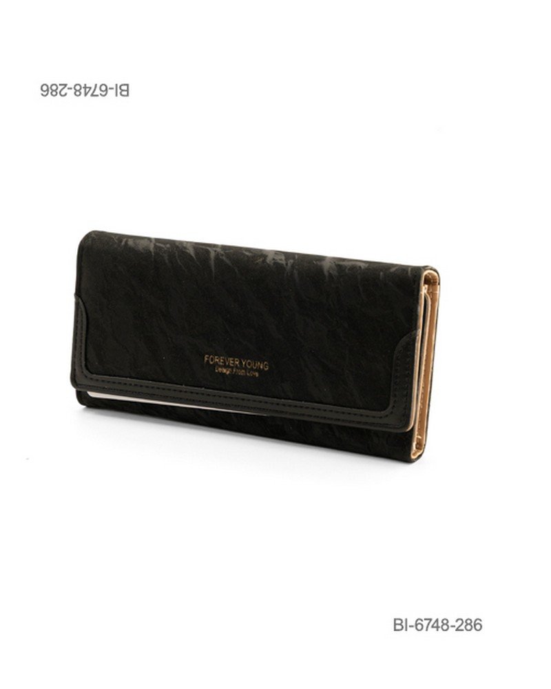 Billetera larga de cuerina con solapa y detalles decorativos (color negro) BI6748