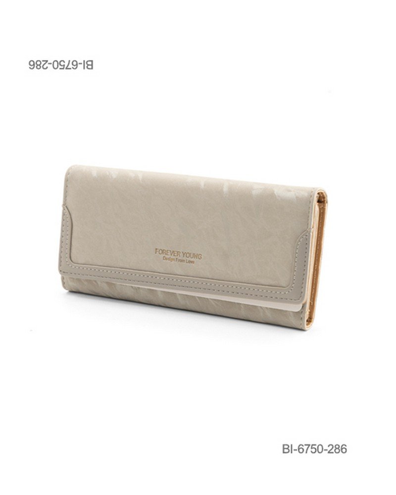 Billetera larga de cuerina con solapa y detalles decorativos (color gris claro / beige) BI6750