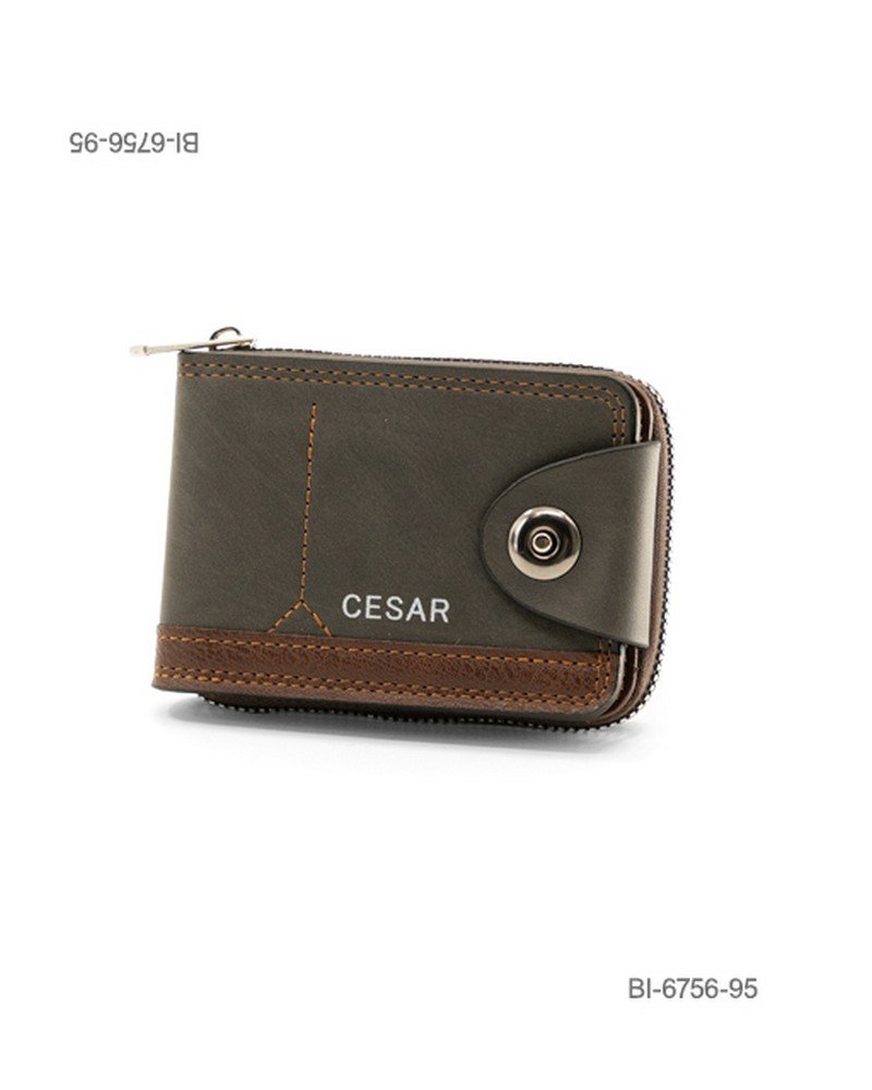 Billetera plegable de cuerina para hombre con cierre perimetral y broche (color gris oscuro y marrón) BI6756