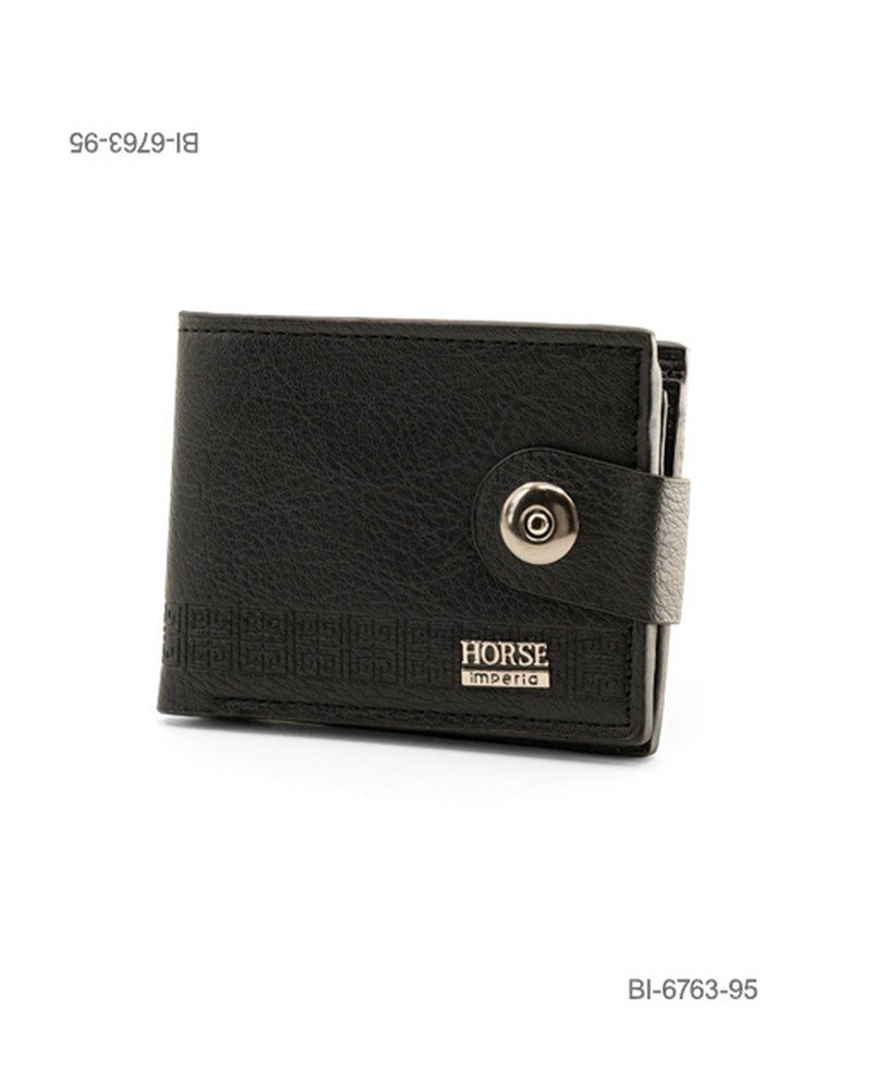 Billetera plegable de cuerina para hombre con textura, broche y detalle de marca Horse Imperia (color negro) BI6763