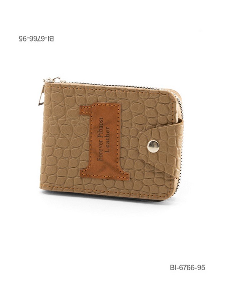 Billetera compacta de cuerina para hombre con textura símil cocodrilo y parche numerado (color beige / marrón claro) BI6766