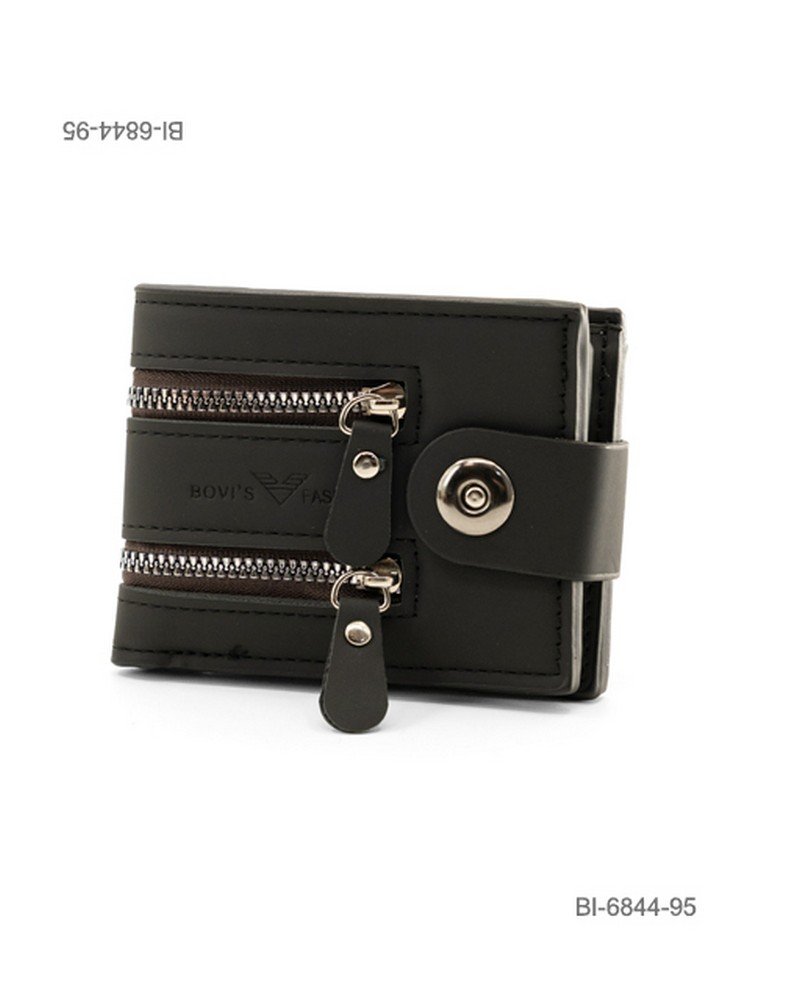 Billetera plegable de cuerina para hombre con doble cierre decorativo y broche a presión (color negro) BI6844