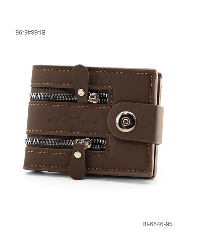 Billetera plegable de cuerina para hombre con doble cierre decorativo y broche a presión (color marrón oscuro) BI6846