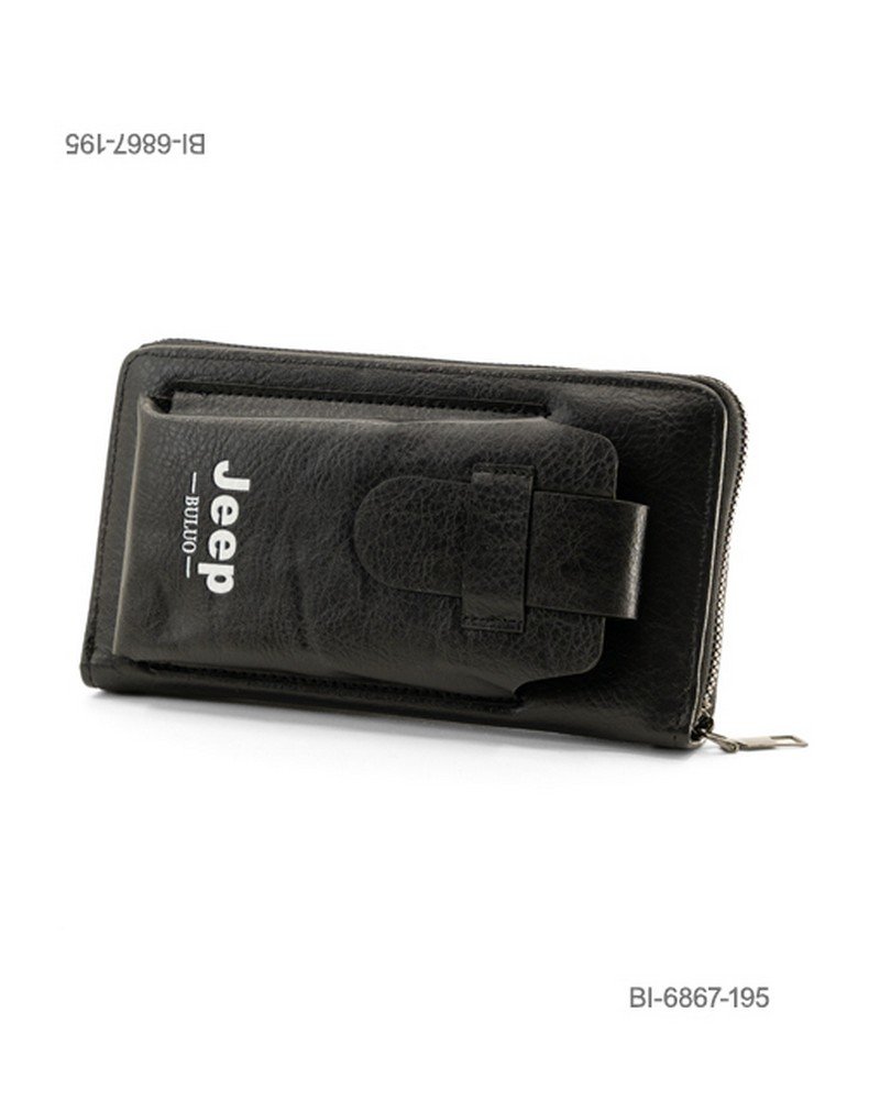 Billetera larga de cuerina para hombre con cierre perimetral y bolsillo frontal tipo cartuchera con solapa (color negro) BI6867