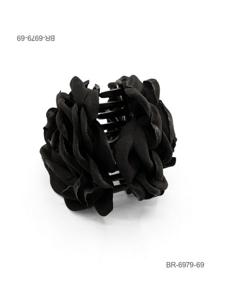 Broche para el cabello con diseño de flor de tela (organza o gasa) en color negro y estructura interna negra BR6979