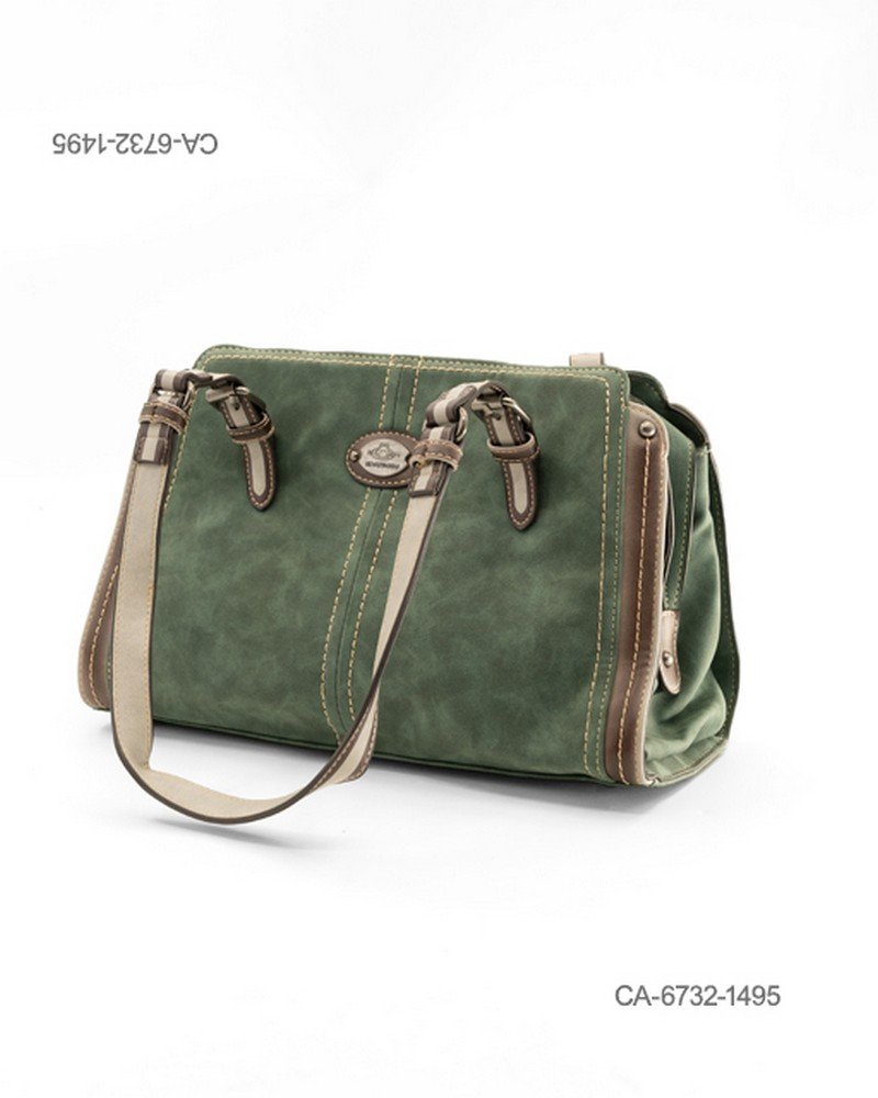 Cartera de mano estructurada de eco-cuero para dama con diseño clásico en tono verde, costuras decorativas, asas dobles combinadas CA6732