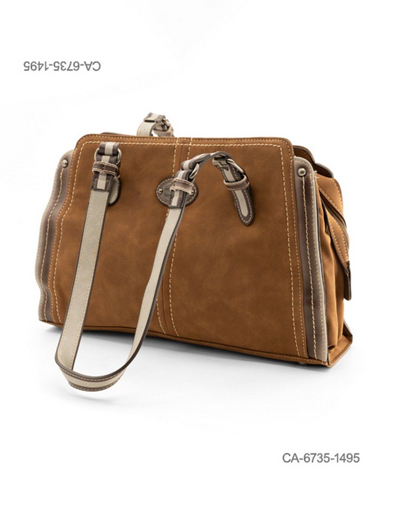 Cartera de mano estructurada de eco-cuero para dama con diseño clásico en tono marrón, costuras decorativas, asas dobles combinadas CA6735