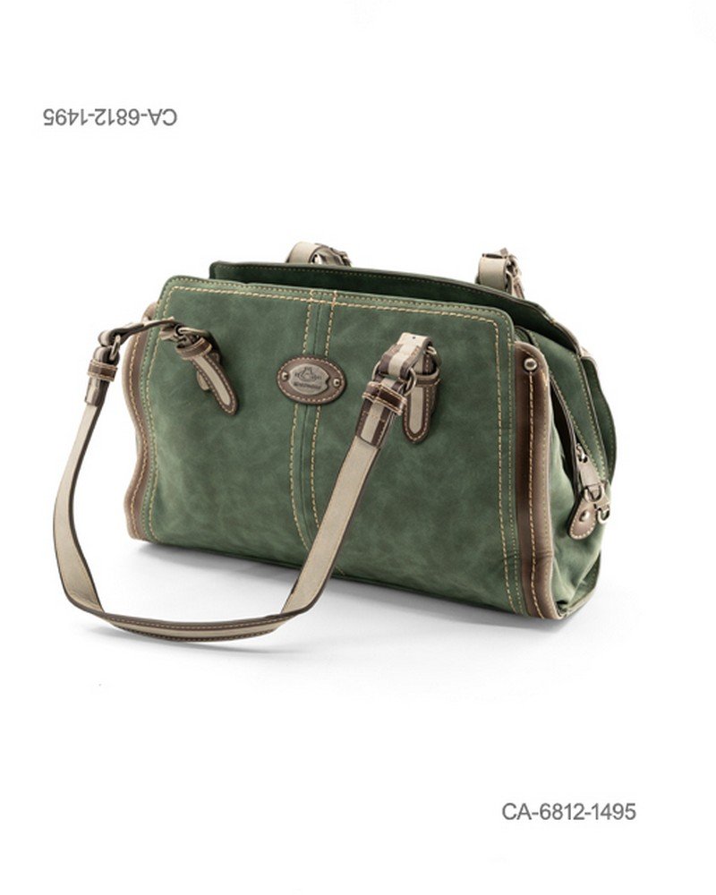 Cartera de mano estructurada de eco-cuero para dama con diseño clásico en tono verde, costuras decorativas, asas dobles combinadas y detalle de placa metálica frontal CA6812