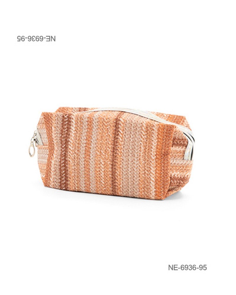 Neceser o estuche de textura tejida y rústica para dama con diseño de rayas verticales multicolor en tonos marrones y naranjas, cierre superior y compartimento principal NE6936