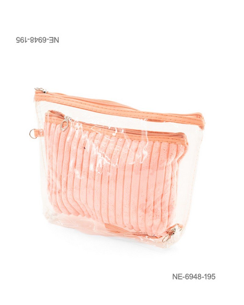 Set de dos neceseres o estuches para dama compuesto por un bolso exterior transparente con cierre superior y ribetes en color salmón / coral, y un estuche interior de tela suave y acanalada con cierre NE6948