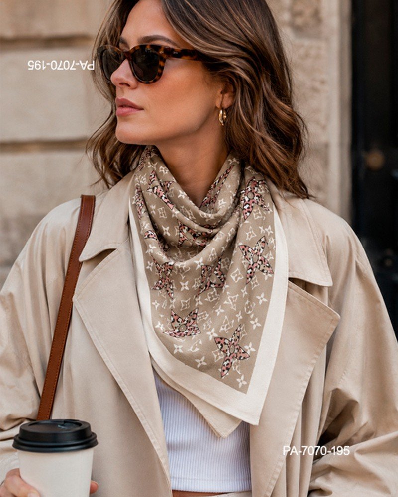 Pañuelo de cuello de diseño elegante en tonos beige y marrón con estampado de monogramas y estrellas con detalles en animal print y bordes claros PA7070