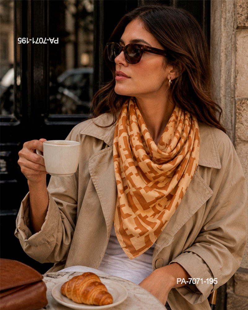 Pañuelo de cuello de diseño elegante en tonos mostaza y beige con estampado geométrico abstracto PA7071