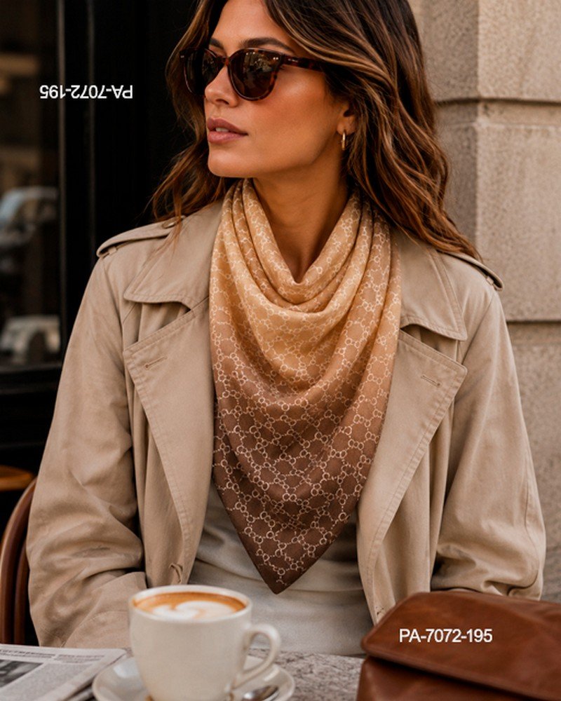 Pañuelo de cuello de diseño elegante en tonos degradados de beige a marrón con estampado geométrico de eslabones u ovals entrelazados PA7072