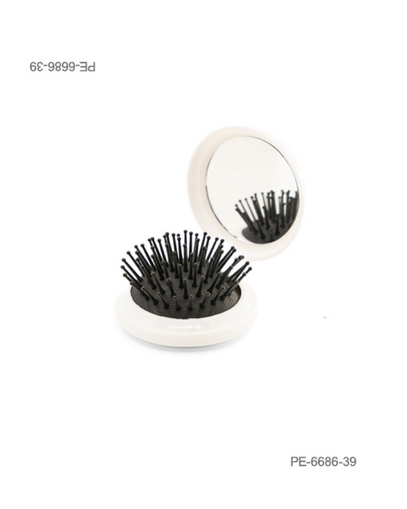 Cepillo de cabello plegable de bolsillo con espejo integrado y cerdas negras, en carcasa redonda de color blanco PE6686
