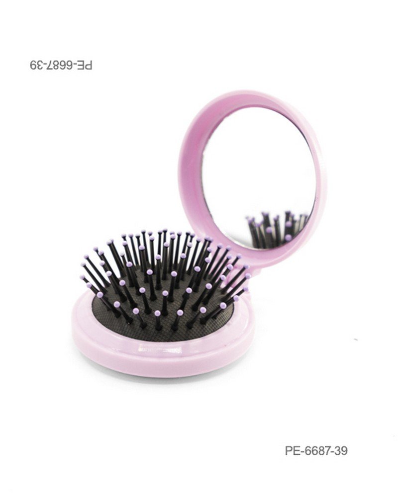Cepillo de cabello plegable de bolsillo con espejo integrado y cerdas con puntas lilas, en carcasa redonda de color rosa PE6687