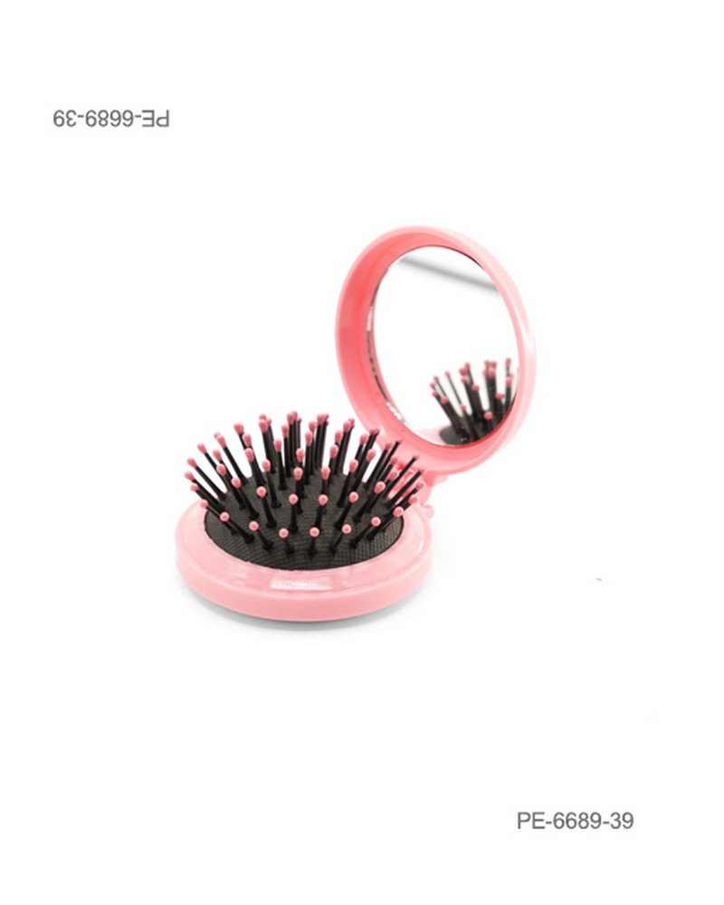 Cepillo de cabello plegable de bolsillo con espejo integrado y cerdas con puntas rosadas, en carcasa redonda de color rosa PE6689