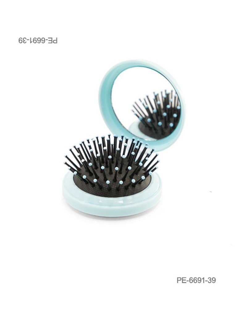 Cepillo de cabello plegable de bolsillo con espejo integrado y cerdas con puntas celestes, en carcasa redonda de color celeste PE6691