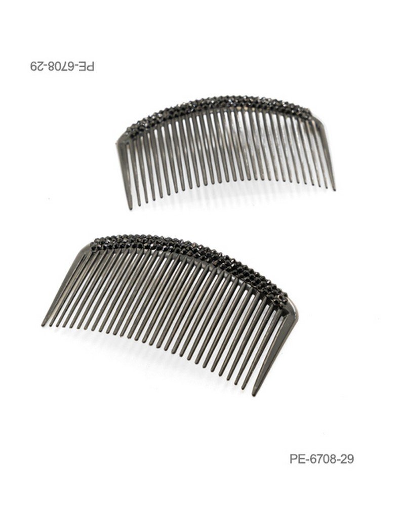 Peinetas para el cabello de diseño curvo en color gris oscuro o peltre, decoradas con pedrería o cristales negros en la parte superior PE6708