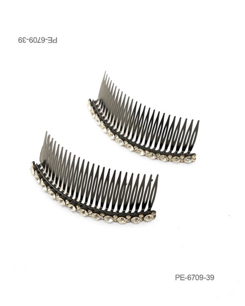 Peinetas para el cabello de diseño curvo en color gris oscuro o peltre, decoradas con pedrería o cristales brillantes transparentes en la parte superior PE6709