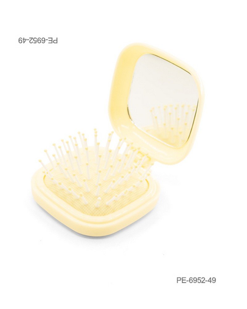 Cepillo de cabello plegable de bolsillo con espejo integrado y cerdas con puntas amarillas, en carcasa cuadrada de color amarillo PE6952