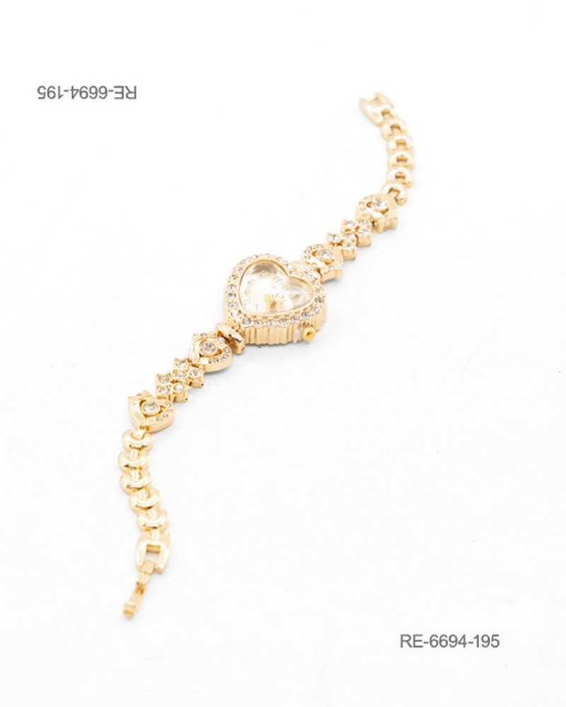 Reloj de pulsera para mujer de diseño elegante en color dorado, con caja en forma de corazón ornamentada con pedrería brillante RE6694