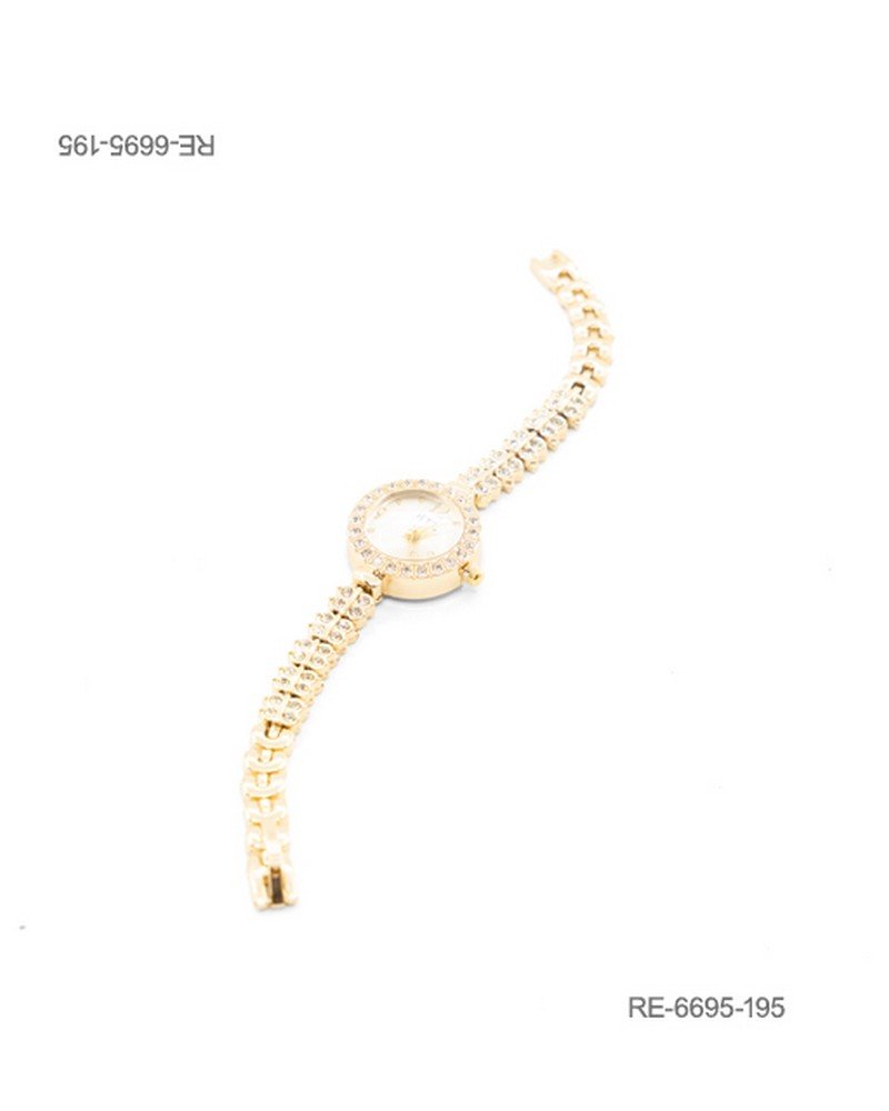 Reloj de pulsera para mujer de diseño elegante en color dorado, con caja circular ornamentada con un doble cerco de pedrería brillante RE6695