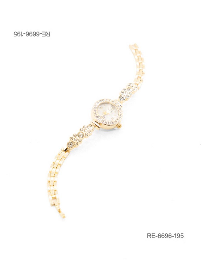 Reloj de pulsera para mujer de diseño elegante en color dorado, con caja circular ornamentada con un cerco de pedrería brillante RE6696
