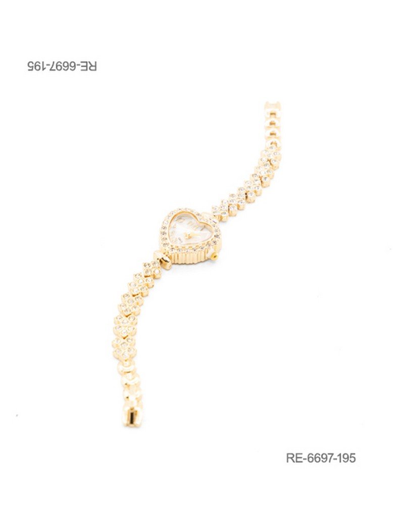 Reloj de pulsera para mujer de diseño elegante en color dorado, con caja en forma de corazón ornamentada con pedrería brillante RE6697