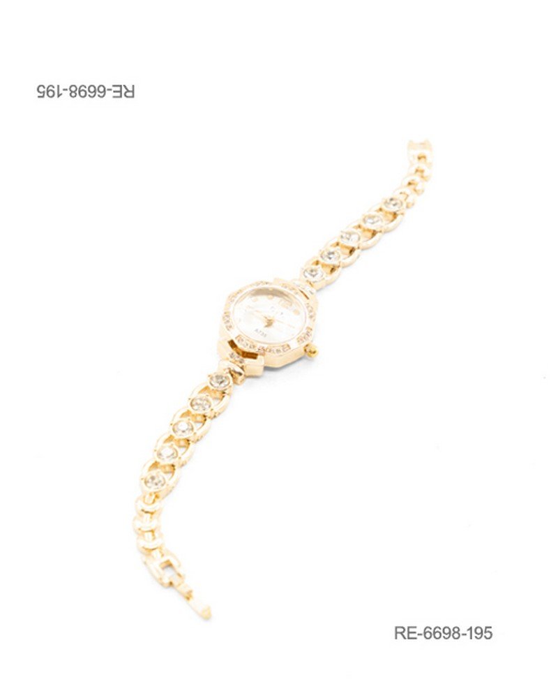 Reloj de pulsera para mujer de diseño elegante en color dorado, con caja poligonal u octogonal ornamentada con pedrería brillante RE6698
