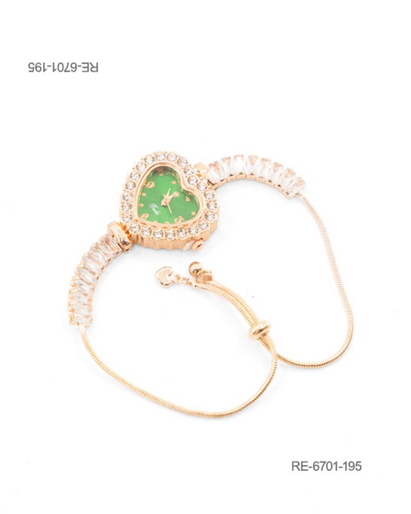 Reloj de pulsera para mujer de diseño elegante en color dorado, con caja en forma de corazón de fondo verde ornamentada con un cerco de pedrería brillante y una correa combinada con cristales rectangulares y un sistema de ajuste deslizante RE6701