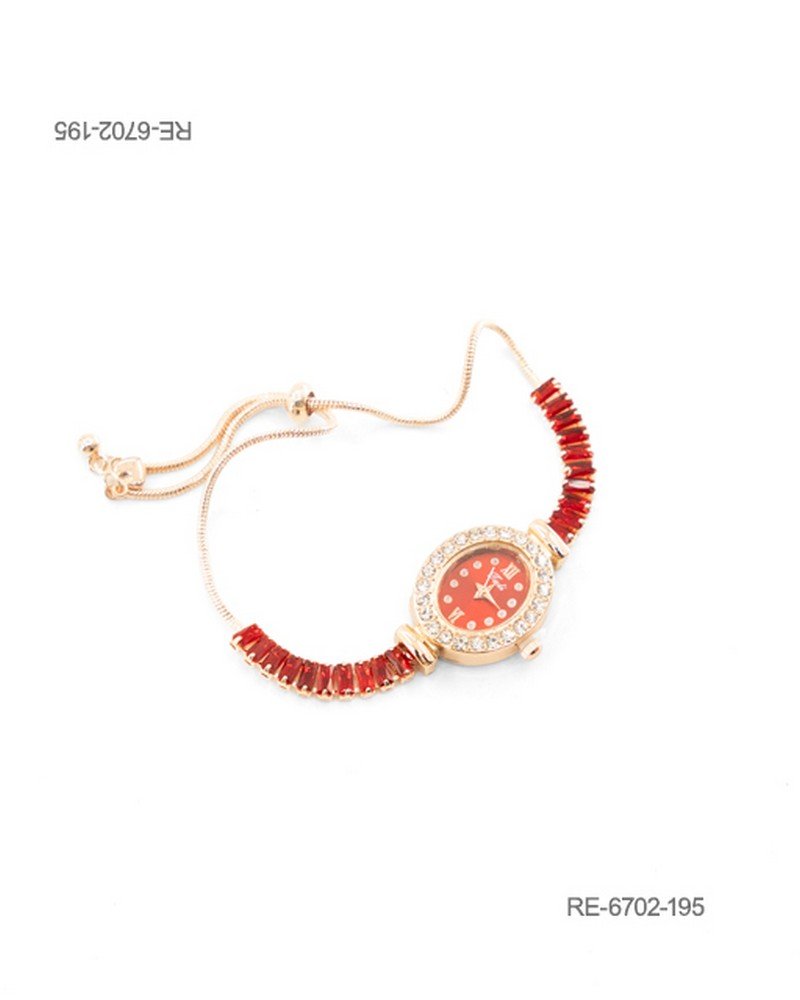 Reloj de pulsera para mujer de diseño elegante en color dorado, con caja ovalada de fondo rojo ornamentada con un cerco de pedrería brillante y una correa combinada con cristales rectangulares rojos y un sistema de ajuste deslizante RE6702