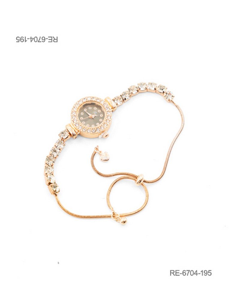 Reloj de pulsera para mujer de diseño elegante en color dorado, con caja circular de fondo oscuro ornamentada con un cerco de pedrería brillante y una correa combinada con cristales y un sistema de ajuste deslizante RE6704