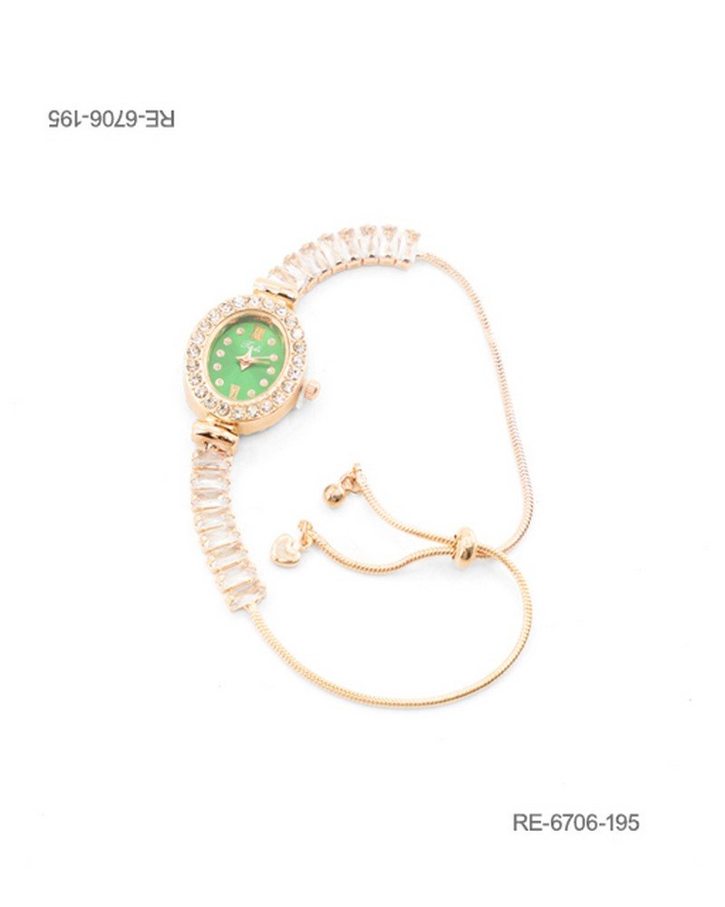 Reloj de pulsera para mujer de diseño elegante en color dorado, con caja ovalada de fondo verde ornamentada con un cerco de pedrería brillante y una correa combinada con cristales rectangulares transparentes y un sistema de ajuste deslizante RE6706