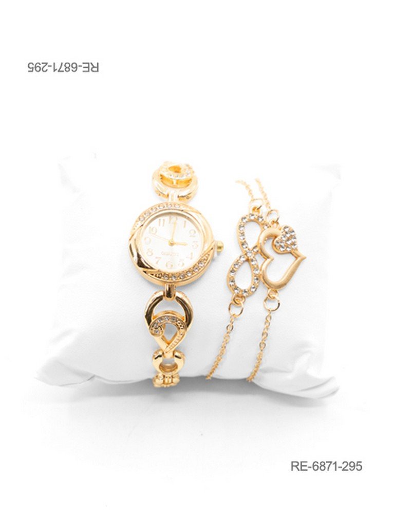 Set de reloj para mujer de pulsera con caja circular ornamentada con pedrería brillante y eslabones decorativos en la correa, acompañado por dos pulseras finas a juego RE6871