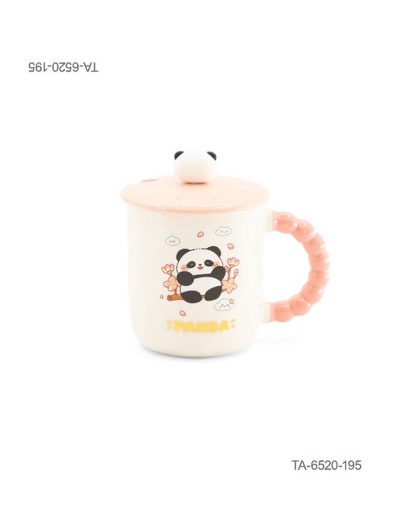 Taza o jarra de cerámica para té o café con diseño tierno de un oso panda, inscripción "PANDA", mango con relieve de esferas, tapa a juego con figura decorativa de panda y cuchara TA6520