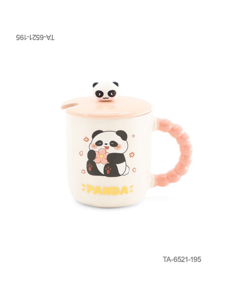 Taza o jarra de cerámica para té o café con diseño tierno de un oso panda sosteniendo una flor, inscripción "PANDA", mango con relieve de esferas, tapa a juego con figura decorativa de panda y cuchara TA6521