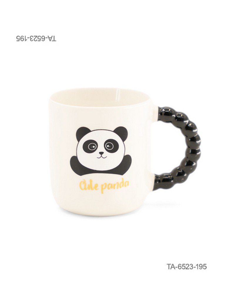 Taza o jarra de cerámica para té o café con diseño tierno de un oso panda, inscripción "Cute panda", mango negro con relieve de esferas TA6523