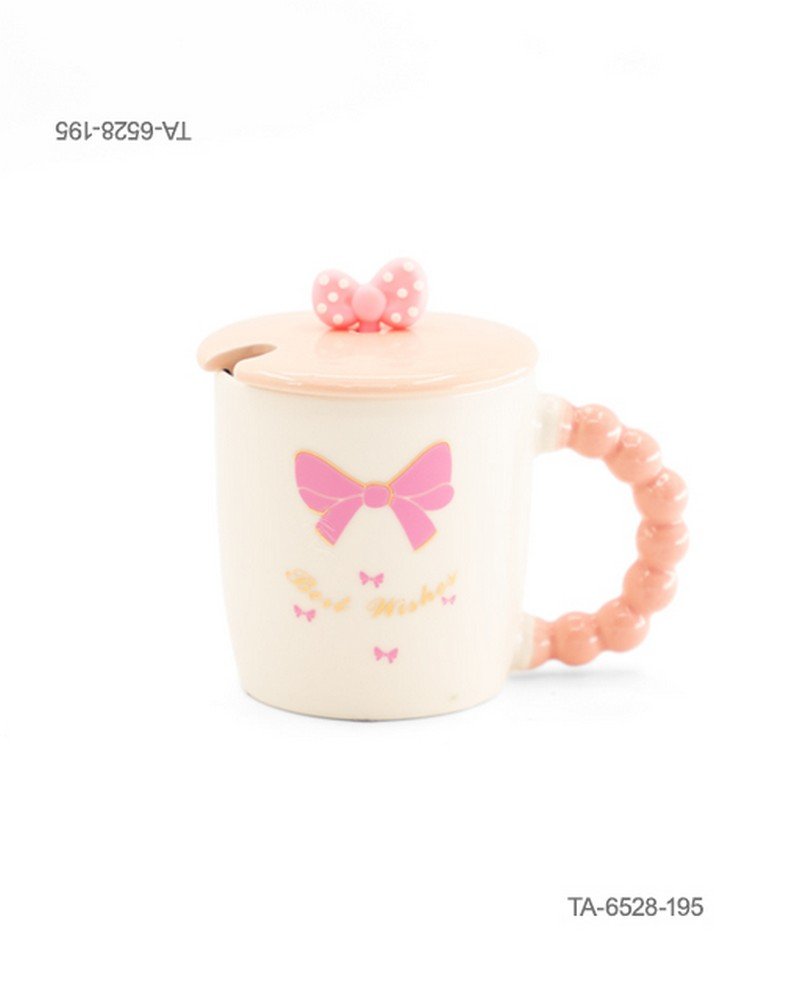 Taza o jarra de cerámica para té o café con diseño de un lazo o moño rosa, inscripción "Best Wishes", mango con relieve de esferas, tapa a juego con figura decorativa de moño con lunares y cuchara TA6528