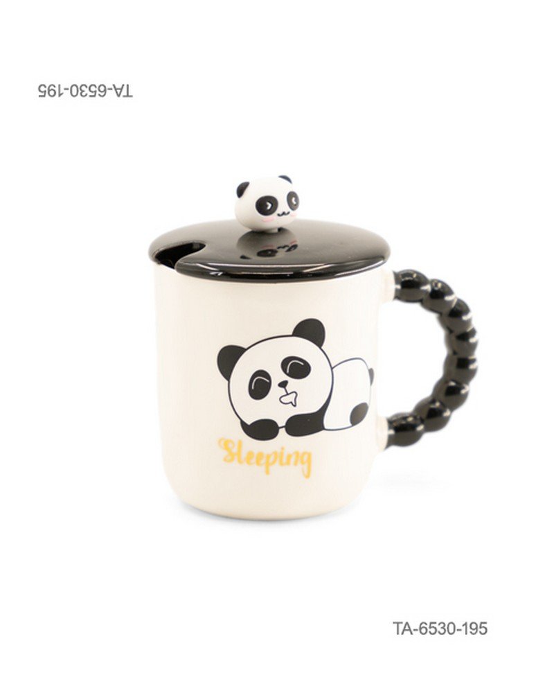 Taza o jarra de cerámica para té o café con diseño tierno de un oso panda recostado, inscripción "Sleeping", mango negro con relieve de esferas, tapa negra a juego con figura decorativa de panda y cuchara TA6530