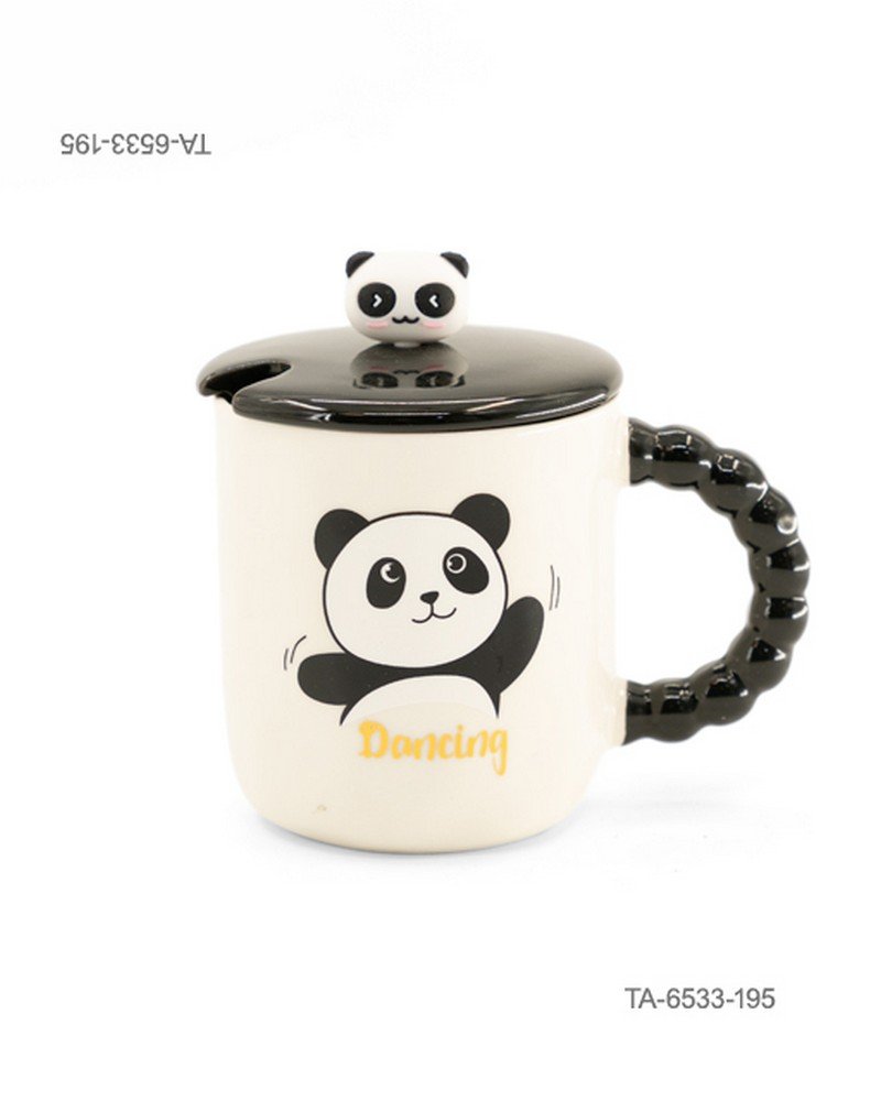 Taza o jarra de cerámica para té o café con diseño tierno de un oso panda bailando, inscripción "Dancing", mango negro con relieve de esferas, tapa negra a juego con figura decorativa de panda y cuchara TA6533