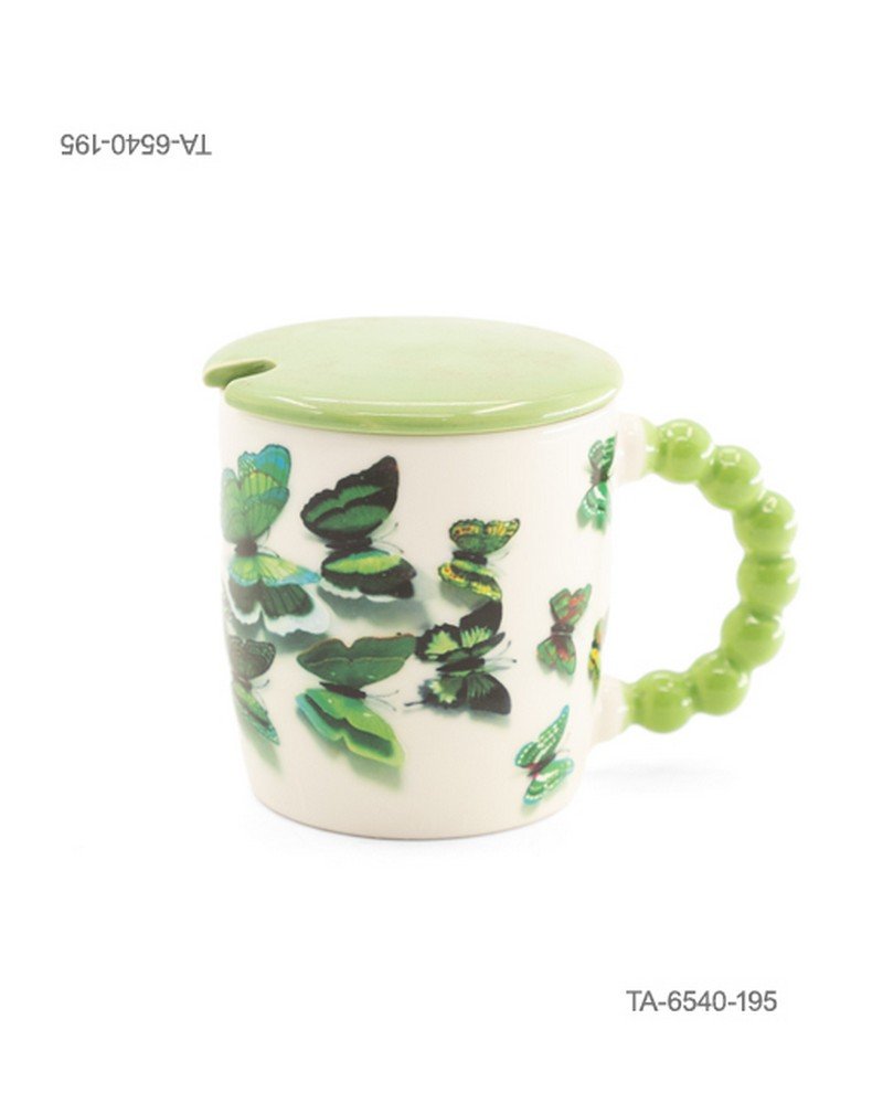 Taza o jarra de cerámica para té o café con diseño de mariposas verdes, mango verde con relieve de esferas, tapa verde a juego y cuchara TA6540