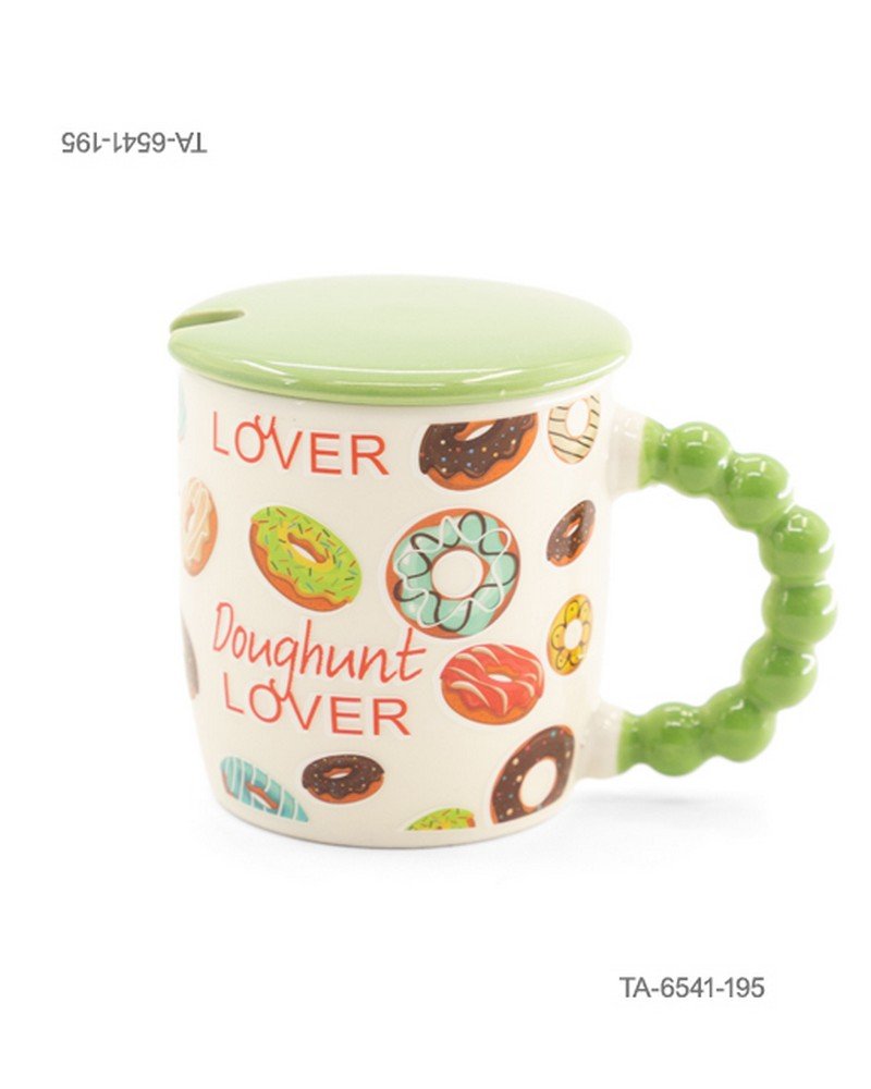 Taza o jarra de cerámica para té o café con diseño de donas surtidas y la inscripción "Doughunt LOVER", mango verde con relieve de esferas, tapa verde a juego y cuchara TA6541