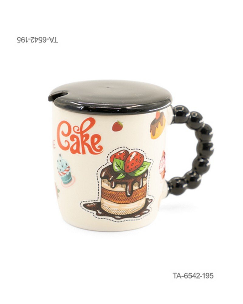 Taza o jarra de cerámica para té o café con diseño de pastel con chocolate y fresas, la inscripción "Cake", mango negro con relieve de esferas, tapa negra a juego y cuchara TA6542