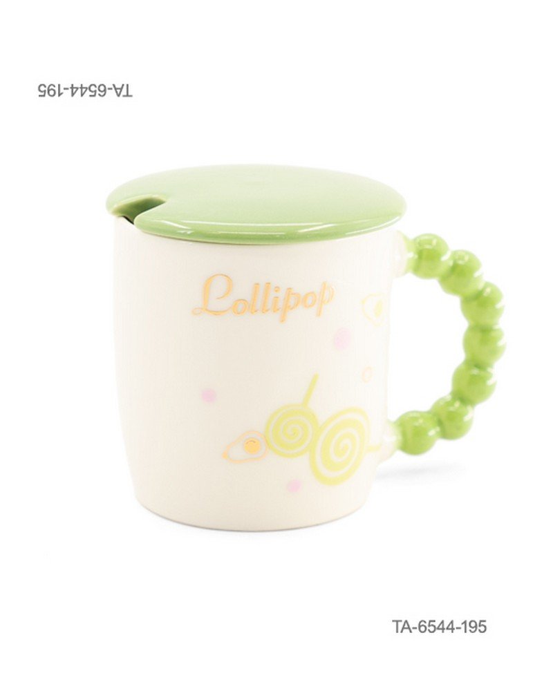Taza o jarra de cerámica para té o café con diseño de piruletas o caramelos espirales y la inscripción "Lollipop", mango verde con relieve de esferas, tapa verde a juego TA6544