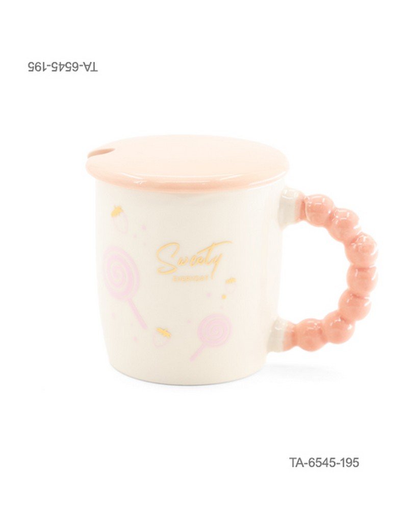 Taza o jarra de cerámica para té o café con diseño de piruletas espirales y la inscripción "Sweety EVERYDAY", mango rosa con relieve de esferas, tapa rosa a juego TA6545
