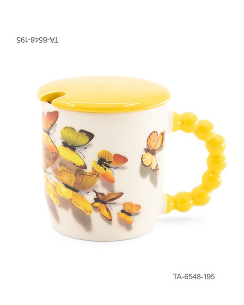 Taza o jarra de cerámica para té o café con diseño de mariposas amarillas y naranjas, mango amarillo con relieve de esferas, tapa amarilla a juego TA6548