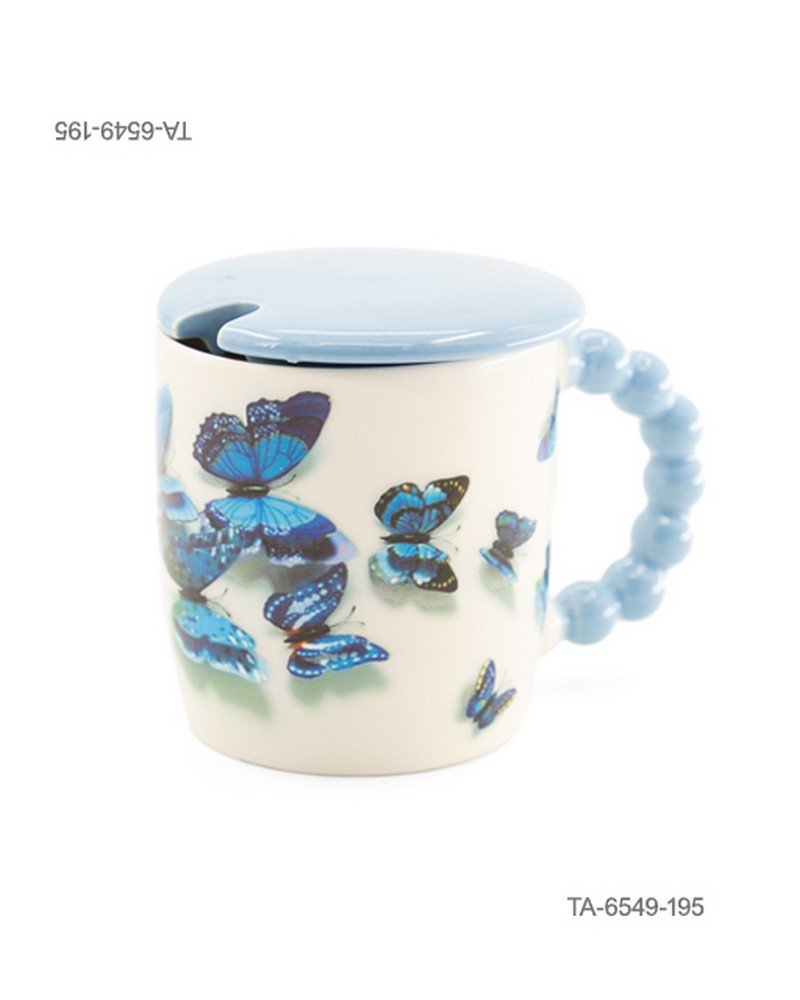 Taza o jarra de cerámica para té o café con diseño de mariposas azules, mango azul con relieve de esferas, tapa celeste a juego TA6549
