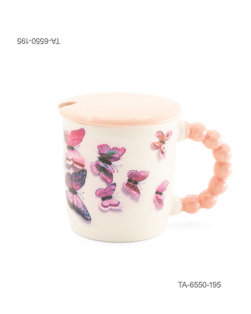 Taza o jarra de cerámica para té o café con diseño de mariposas rosas y moradas, mango rosa con relieve de esferas, tapa rosa a juego TA6550