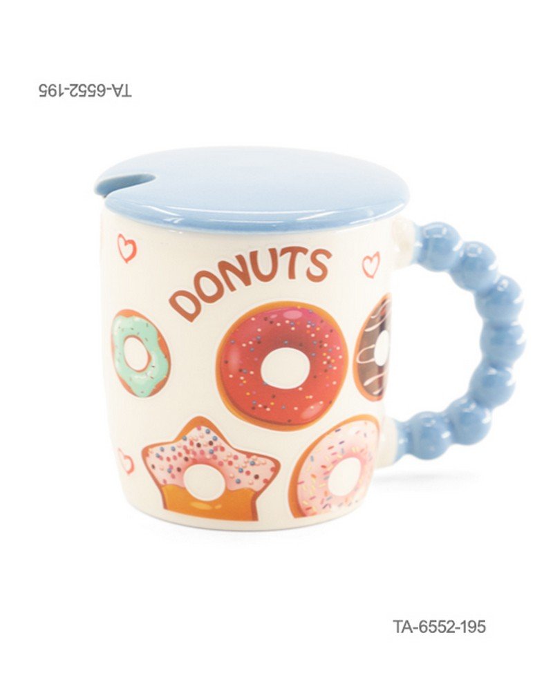 Taza o jarra de cerámica para té o café con diseño de donas surtidas, corazones y la inscripción "DONUTS", mango azul con relieve de esferas, tapa celeste a juego TA6552